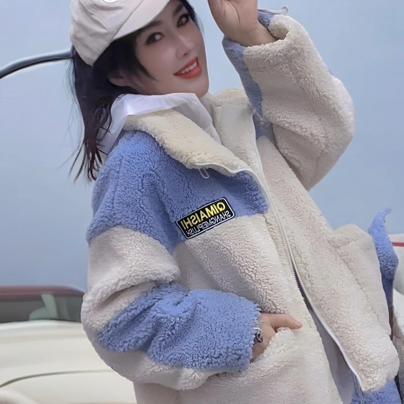 2024百搭秋冬厚外套上衣女外套加厚韩版加绒时尚毛绒保暖拼接学生