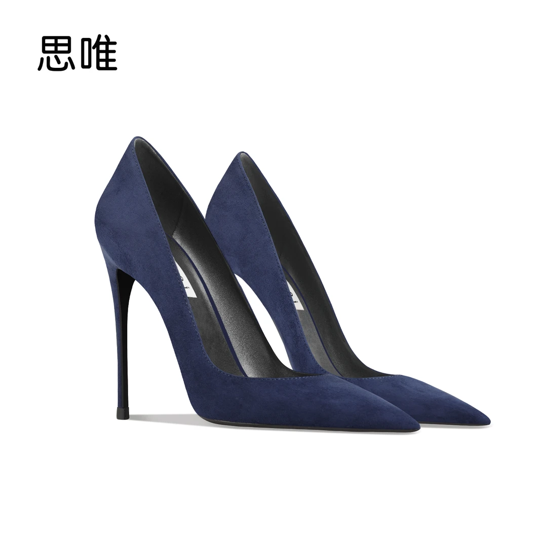 宝蓝色绒面高跟鞋女2025年新款细跟尖头浅口一脚蹬时尚气质单跟鞋