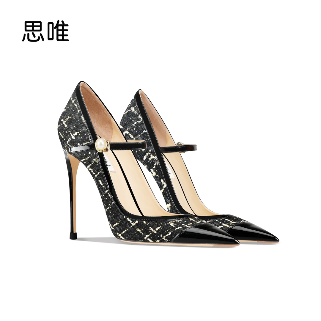 时尚黑色编织珍珠边扣高跟鞋女2025年新款细跟尖头性感单跟鞋气质