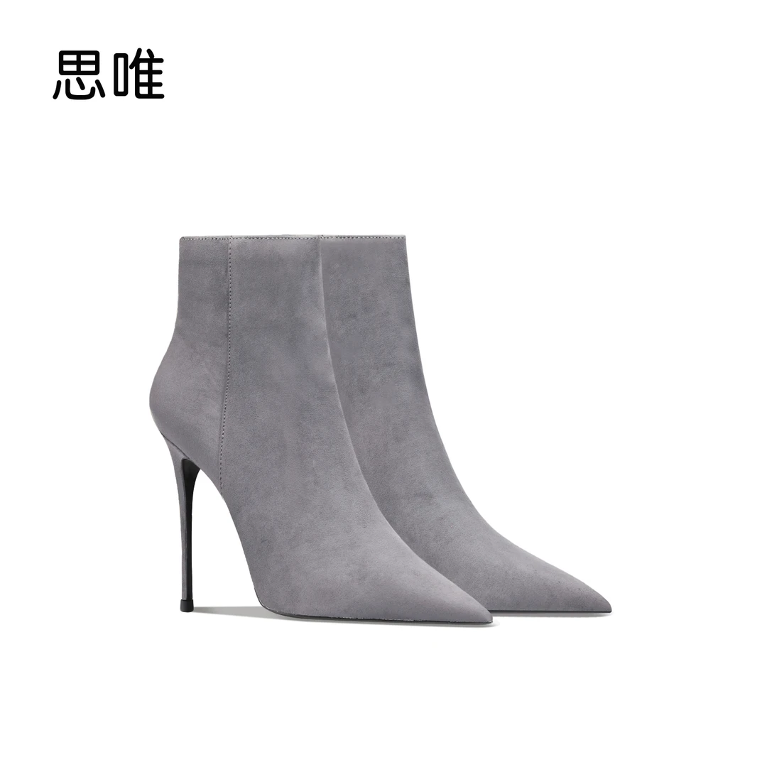 思唯灰色绒面拉链短靴女2025爆款洋气冬细跟尖头加绒短筒靴高跟鞋
