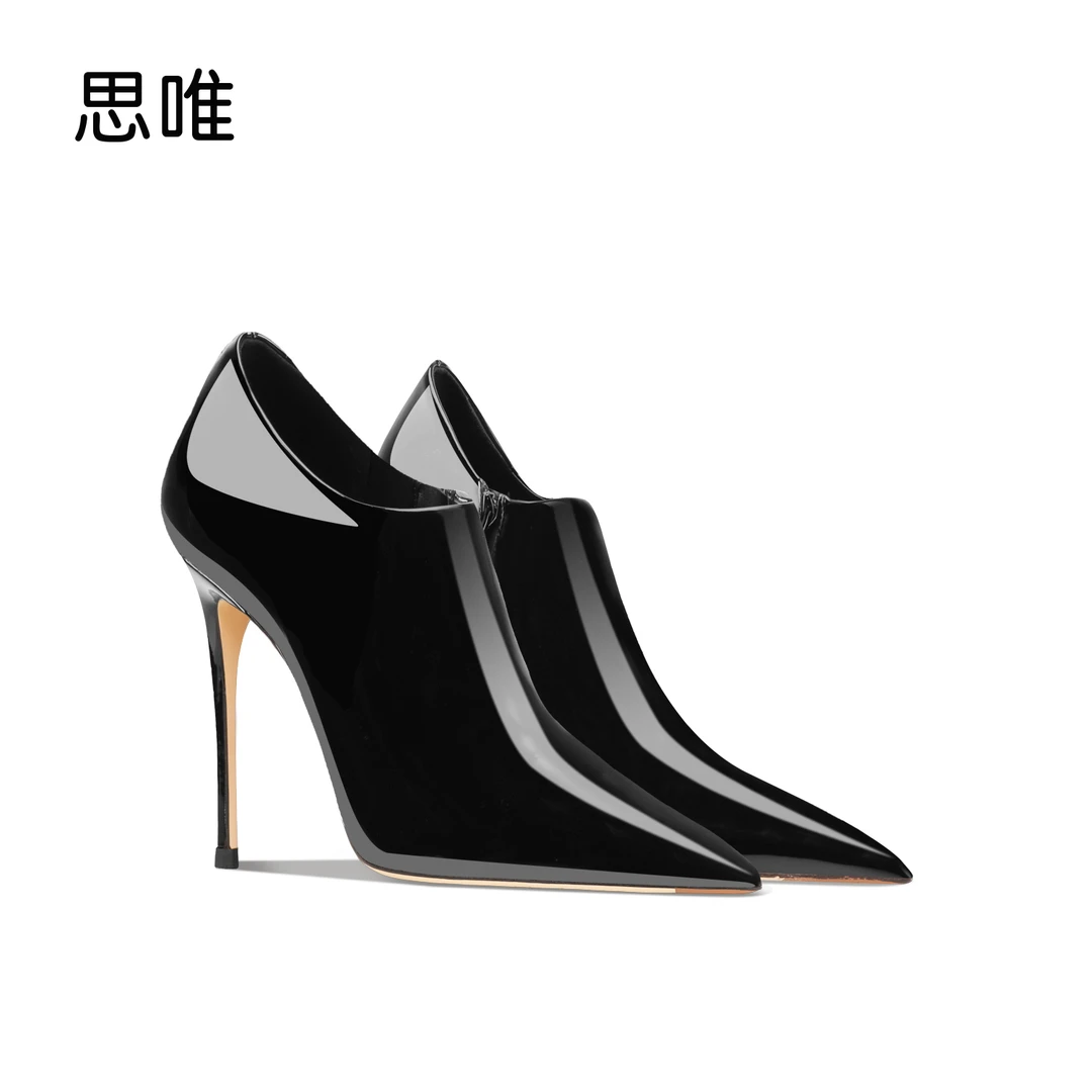 黑色漆皮拉链短靴女2025年新款欧美细跟尖头高跟鞋百搭深口及踝靴