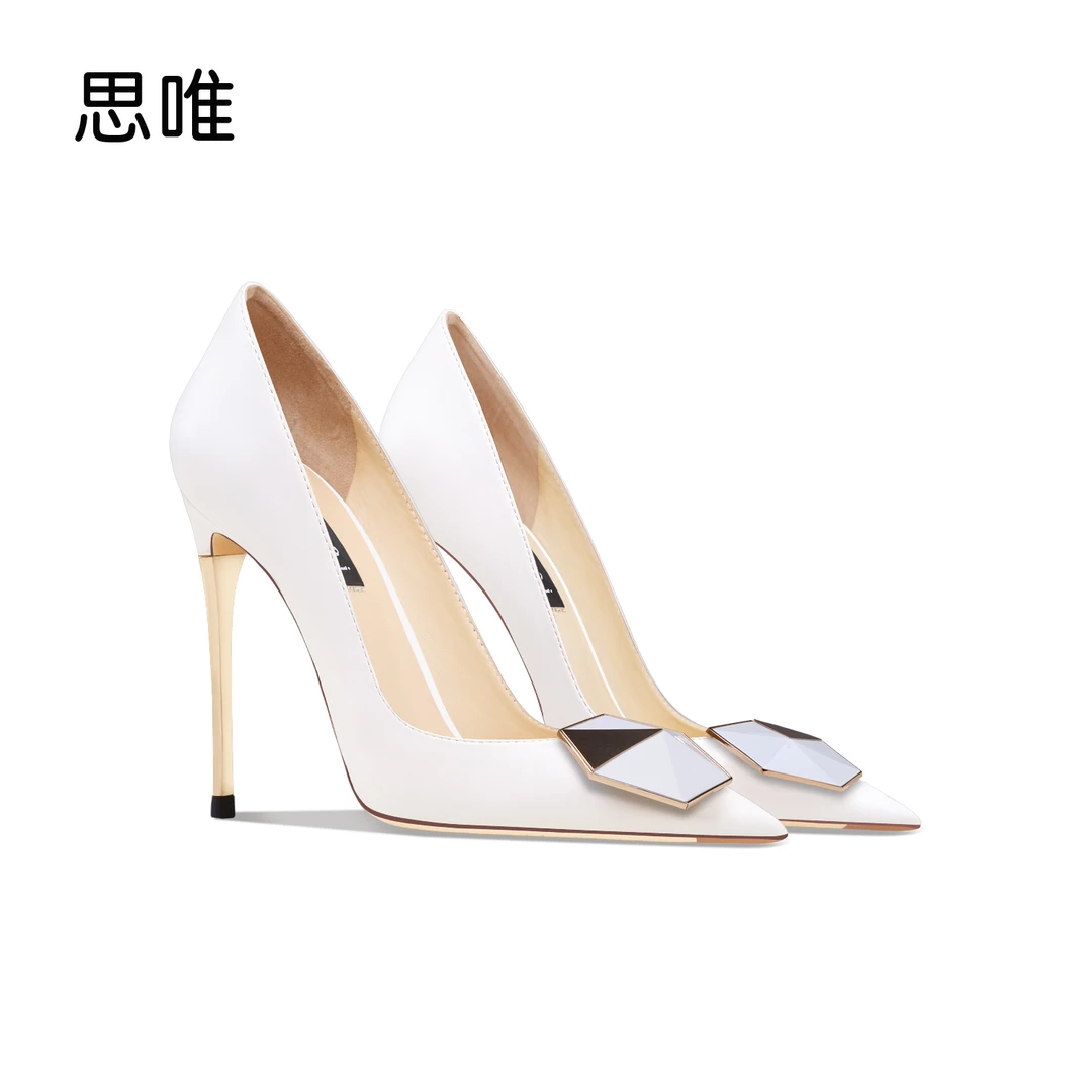百搭白色六角扣高跟鞋女细跟尖头浅口性感气质搭扣金属跟单鞋时尚