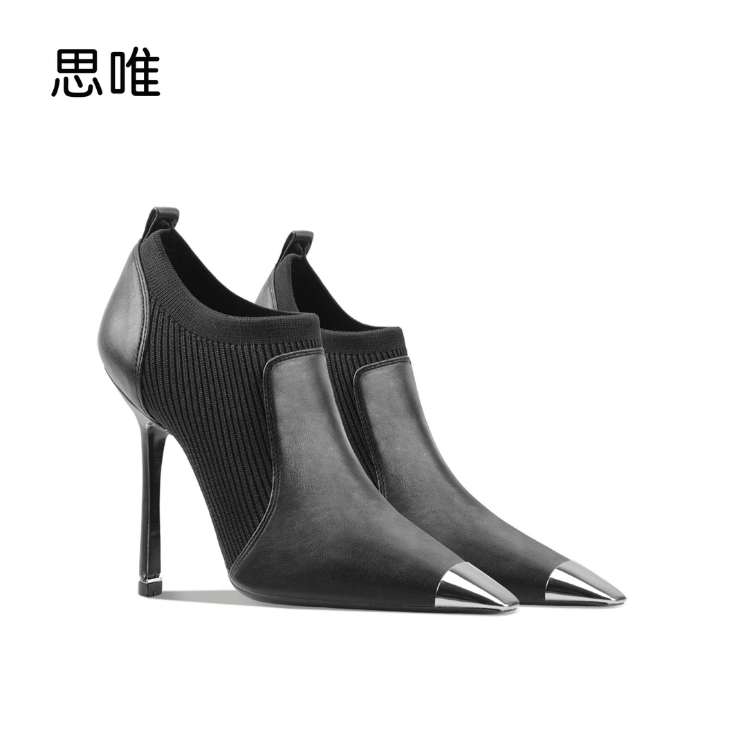 思唯铁头防撞踢尖头及踝靴女细跟靴子2025年秋冬编织拼接猫跟短靴