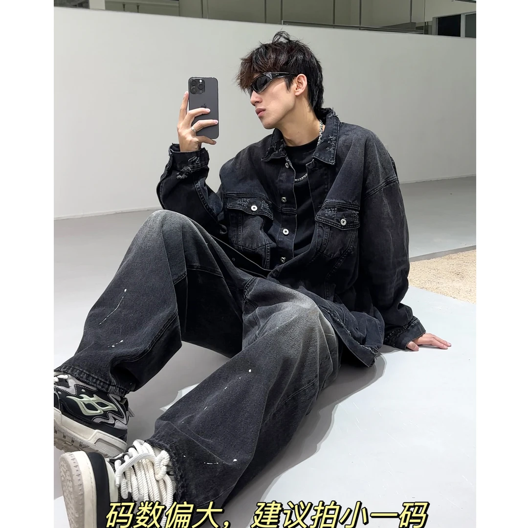 聪明陈潮牌高街水洗做旧牛仔外套小众设计宽松休闲夹克街头痞帅