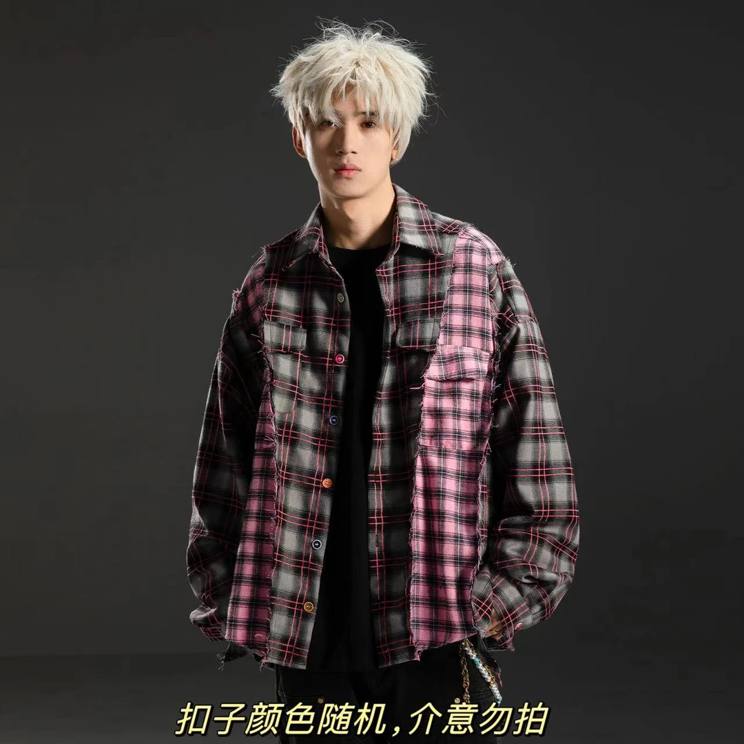 S123【新中式3.0】日系古着撞色格子衬衫男女同款宽松复古上衣外套