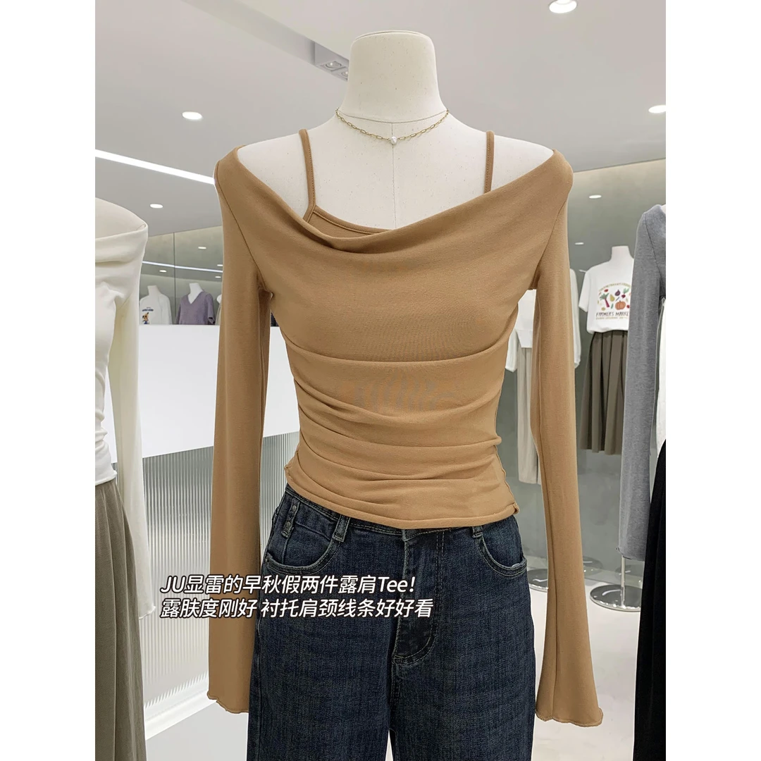 纯欲一字肩假两件长袖T恤初秋女装显瘦显身材上衣韩系氛围感穿搭