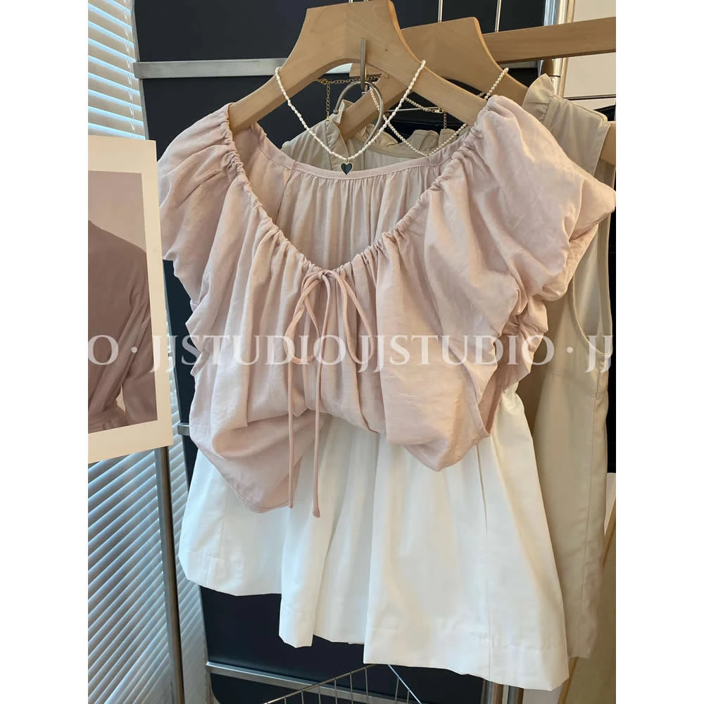 温柔风 韩国东大门系带蝴蝶结宽松泡泡袖衬衫女夏季粉色衬衣小衫