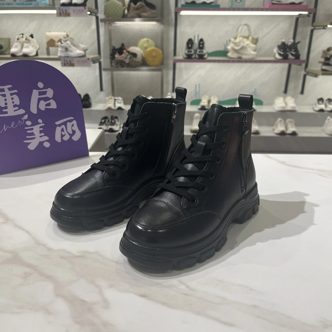 意尔康女靴真皮马丁靴女厚底短筒靴子冬季加绒保暖女士棉靴150713