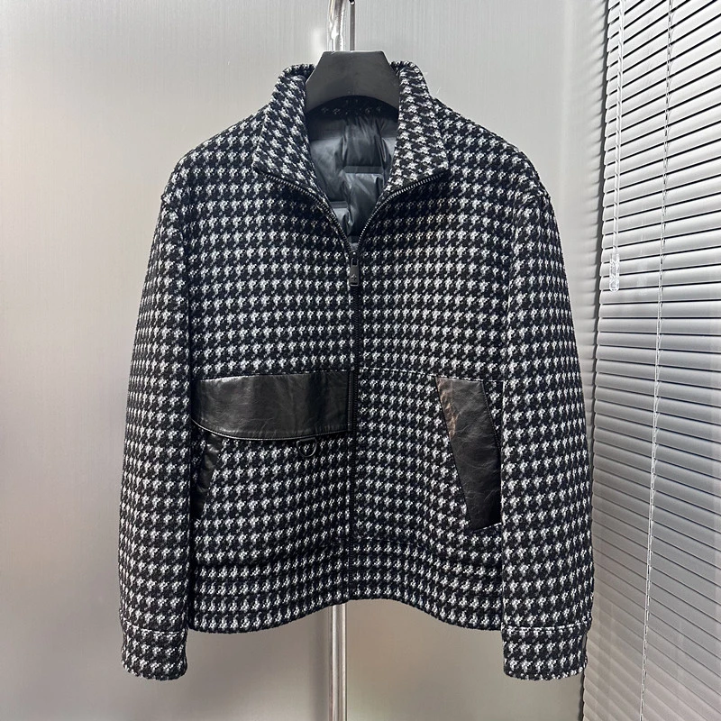 VANCIBALE年末清仓 时尚男士羊毛拼接山羊皮拉链夹克鹅绒服外套