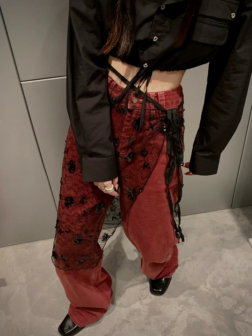 【布拿拿】韩国chic设计感小众个性叠穿绑带透视蕾丝半身裙屁帘