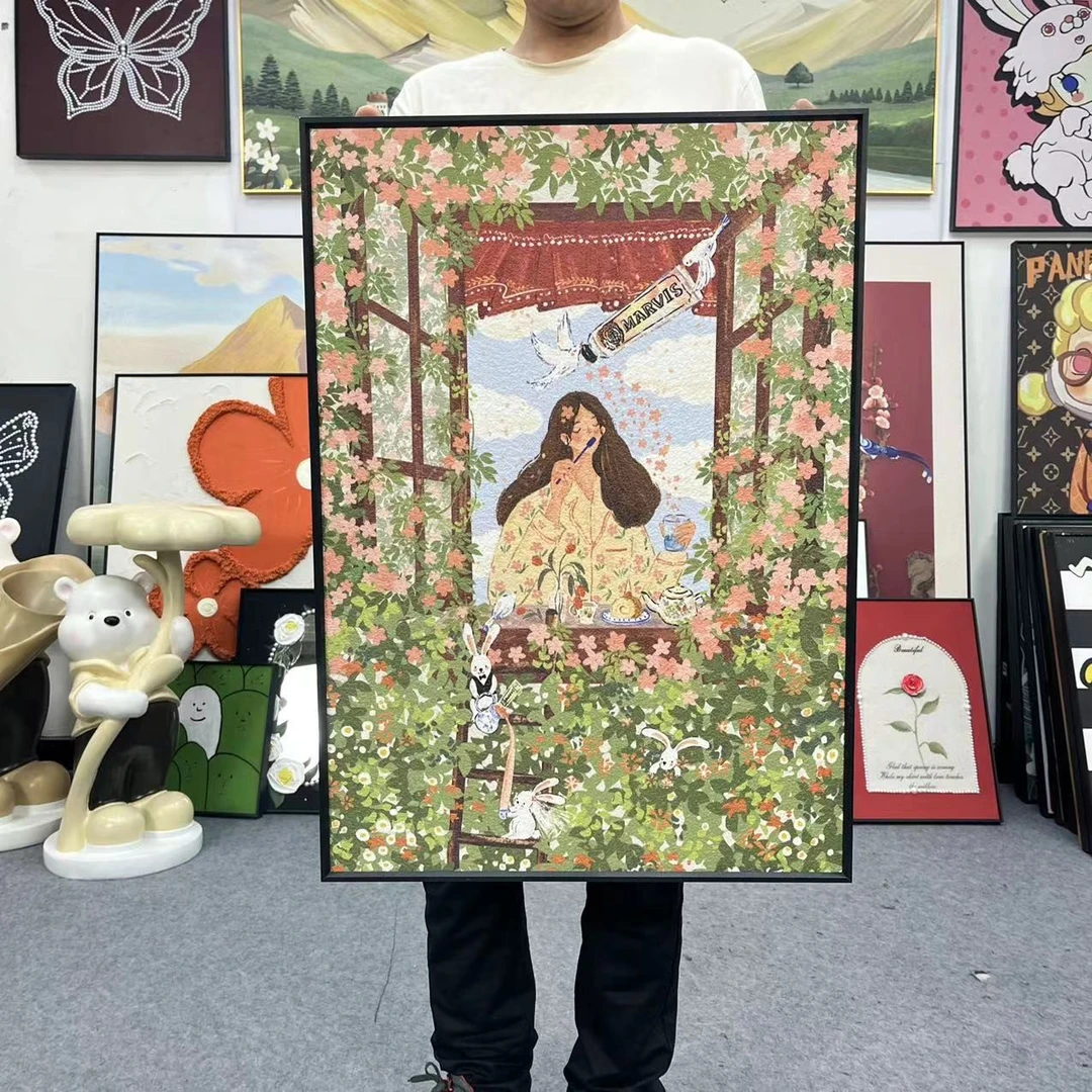 《窗边花园》多巴胺奶油凤卧室装饰画床头挂画温馨客餐厅画女孩5070