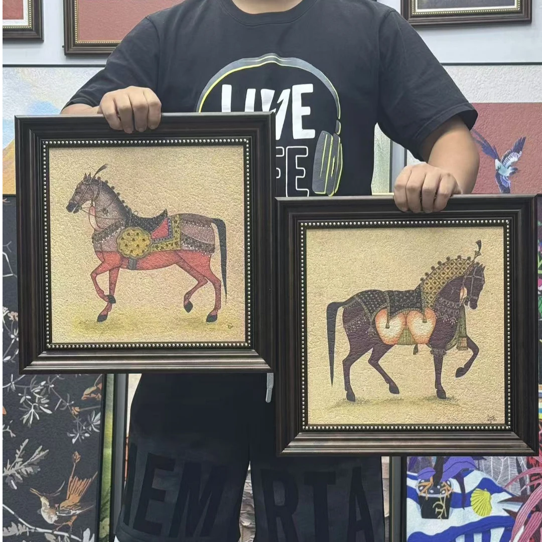 小美式客厅装饰画餐厅壁画复古沙发背景墙挂画马酒店砂岩画4040