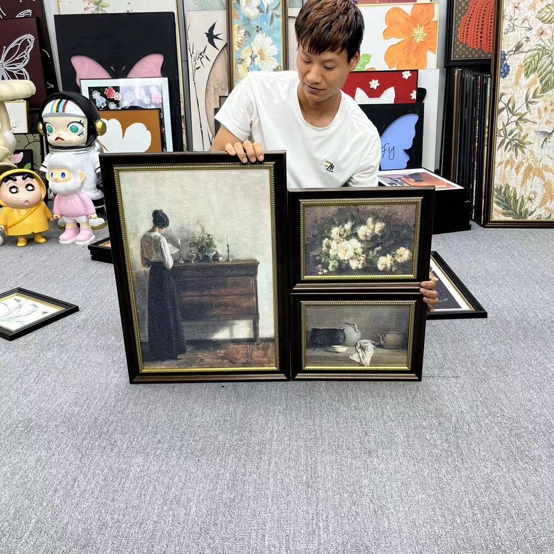 三联组合中古法式复古侘寂风客厅餐厅装饰画走廊玄关挂画女人3570