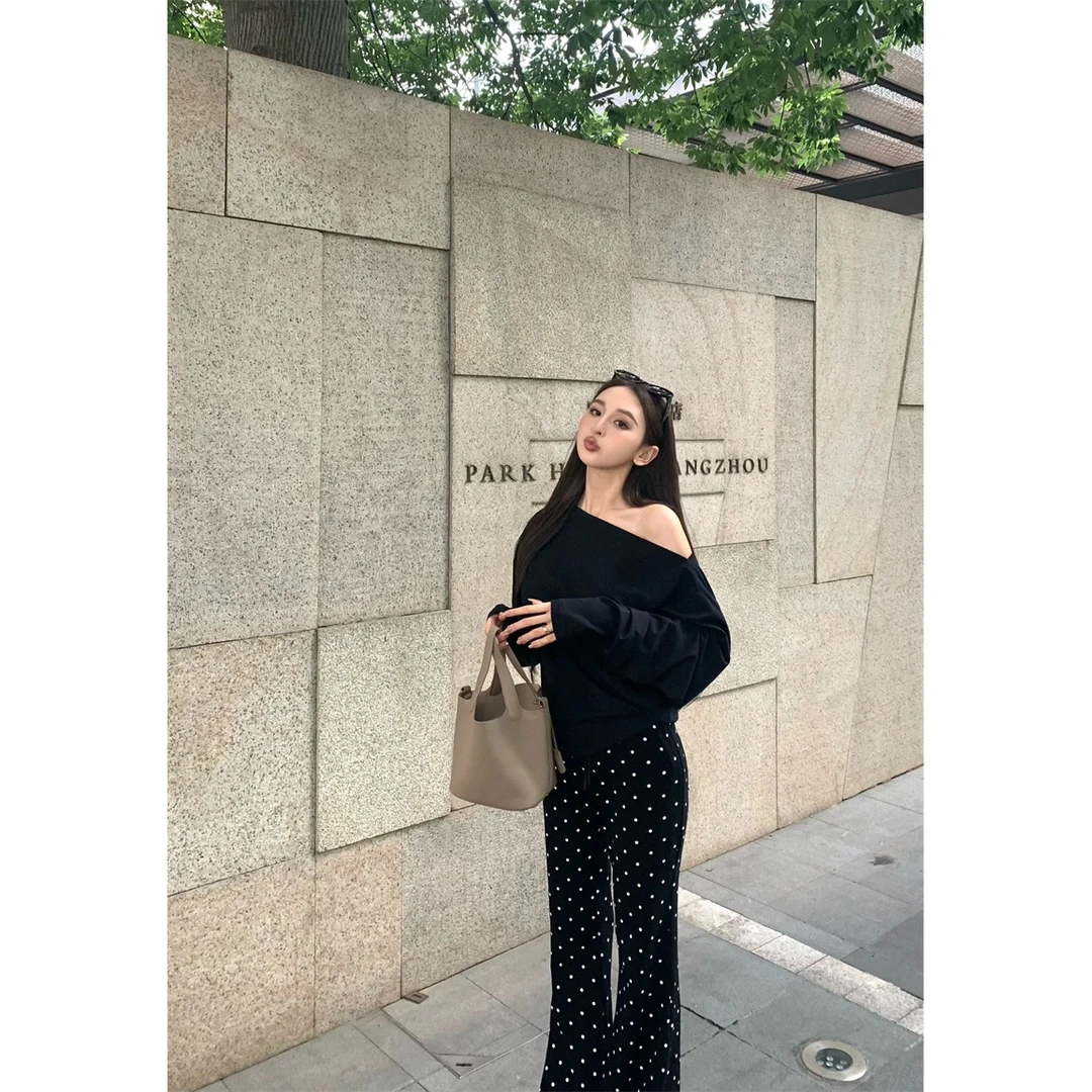 流行时尚女装洋气辣妹斜肩长袖T恤上衣高腰波点长裤两件套#A672