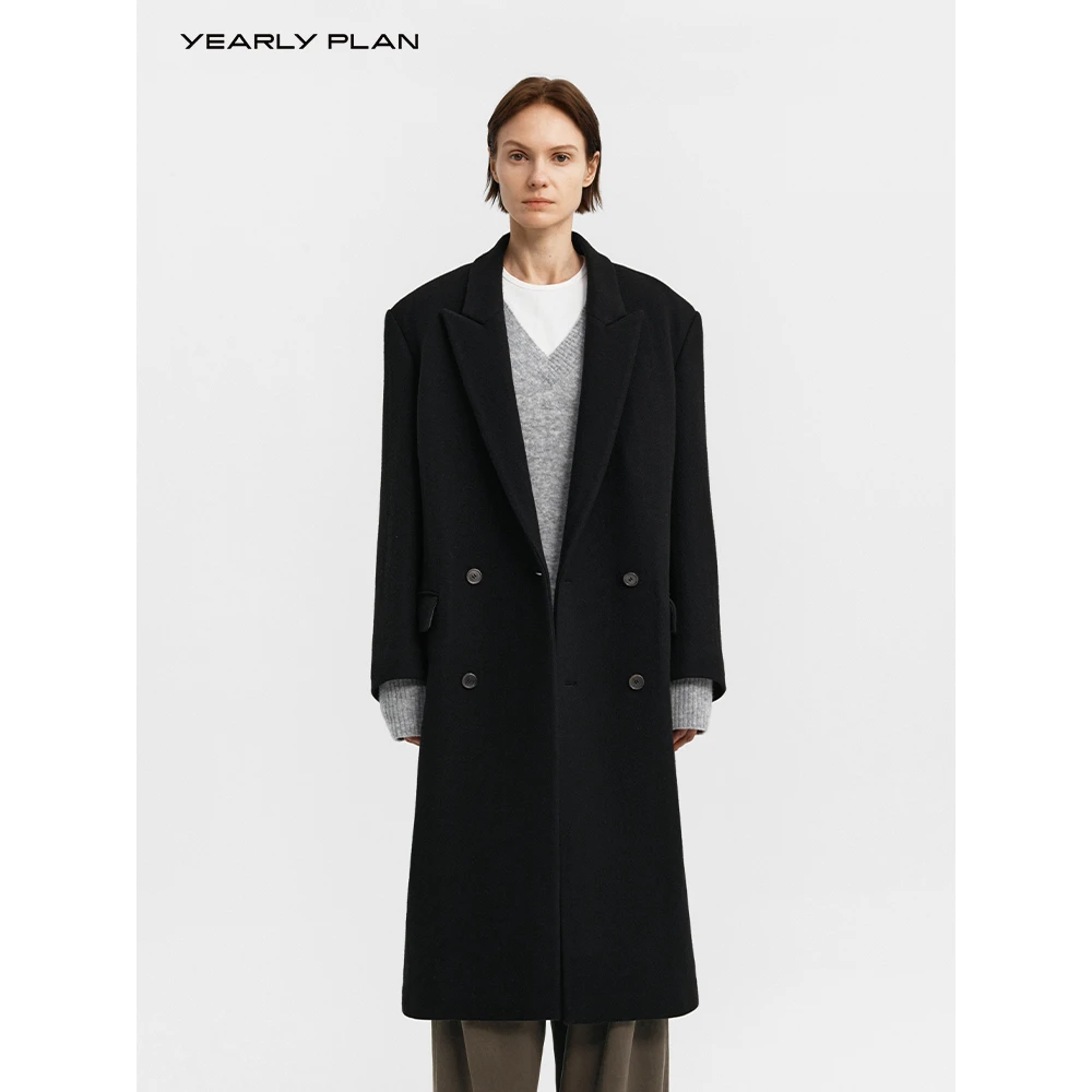 YEARLY PLAN时尚戗驳领宽松长款毛呢外套 1764
