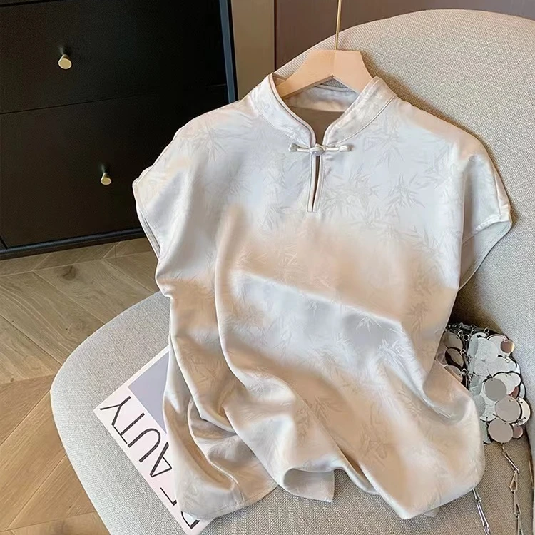 新中式国风缎面立领提花短袖衬衫女2024夏季复古气质禅意薄款上衣