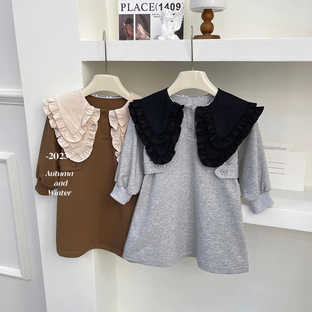 2023秋季新款中小套韩版大翻领长袖连衣裙女童花边领裙子23360