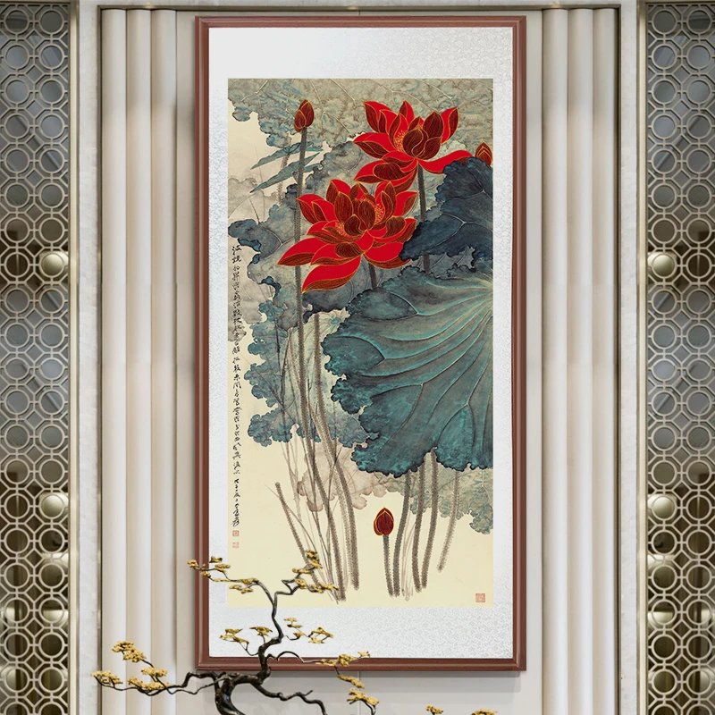 带框装裱 艺术微喷 《金线红荷》中式国画装饰画山水花新