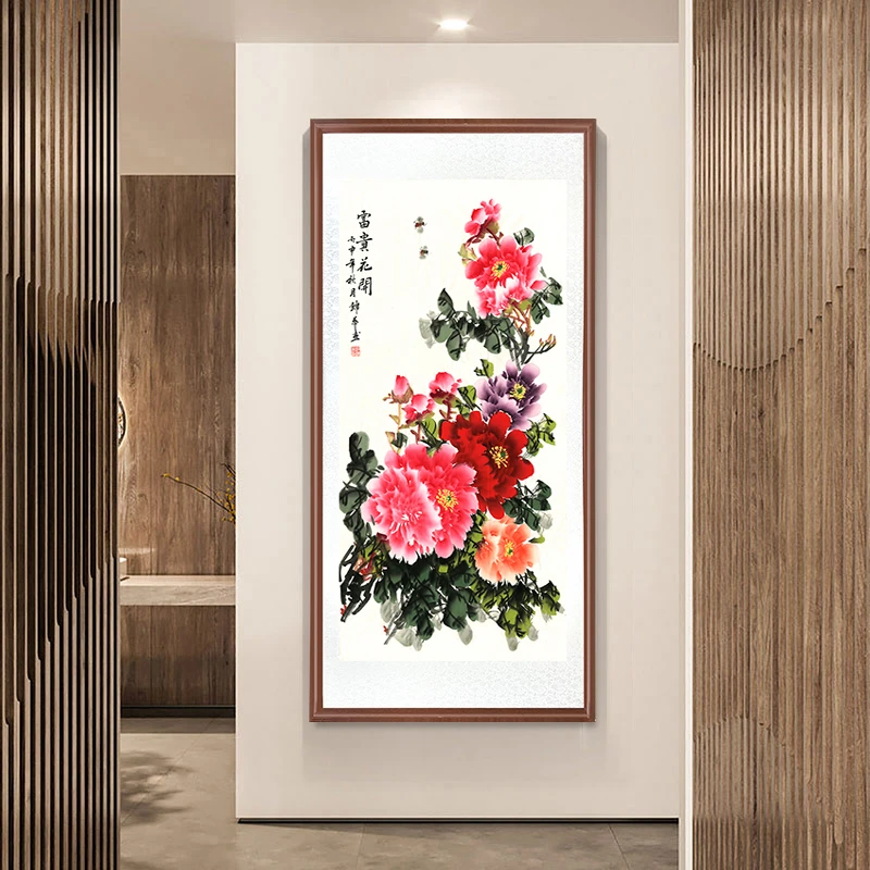 带框装裱 艺术微喷 富贵牡丹花鸟画 入户玄关装饰画走廊过道楼梯