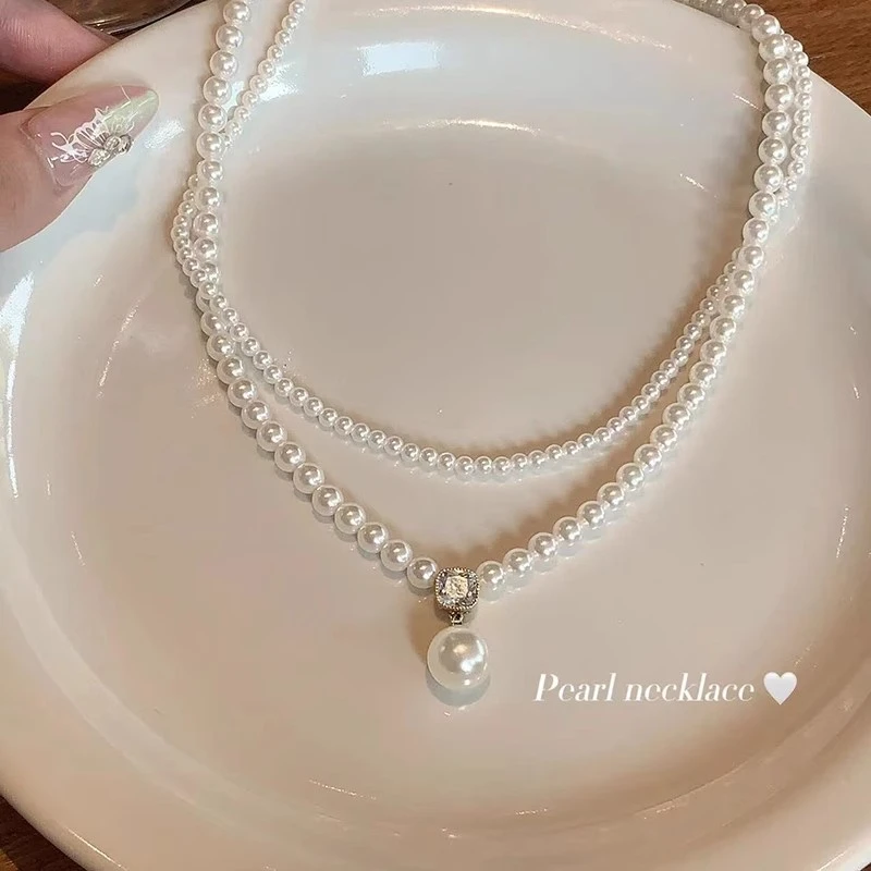 铜合金项链 法式复古珍珠双层项链小米珠配饰女高级感轻奢气质INS