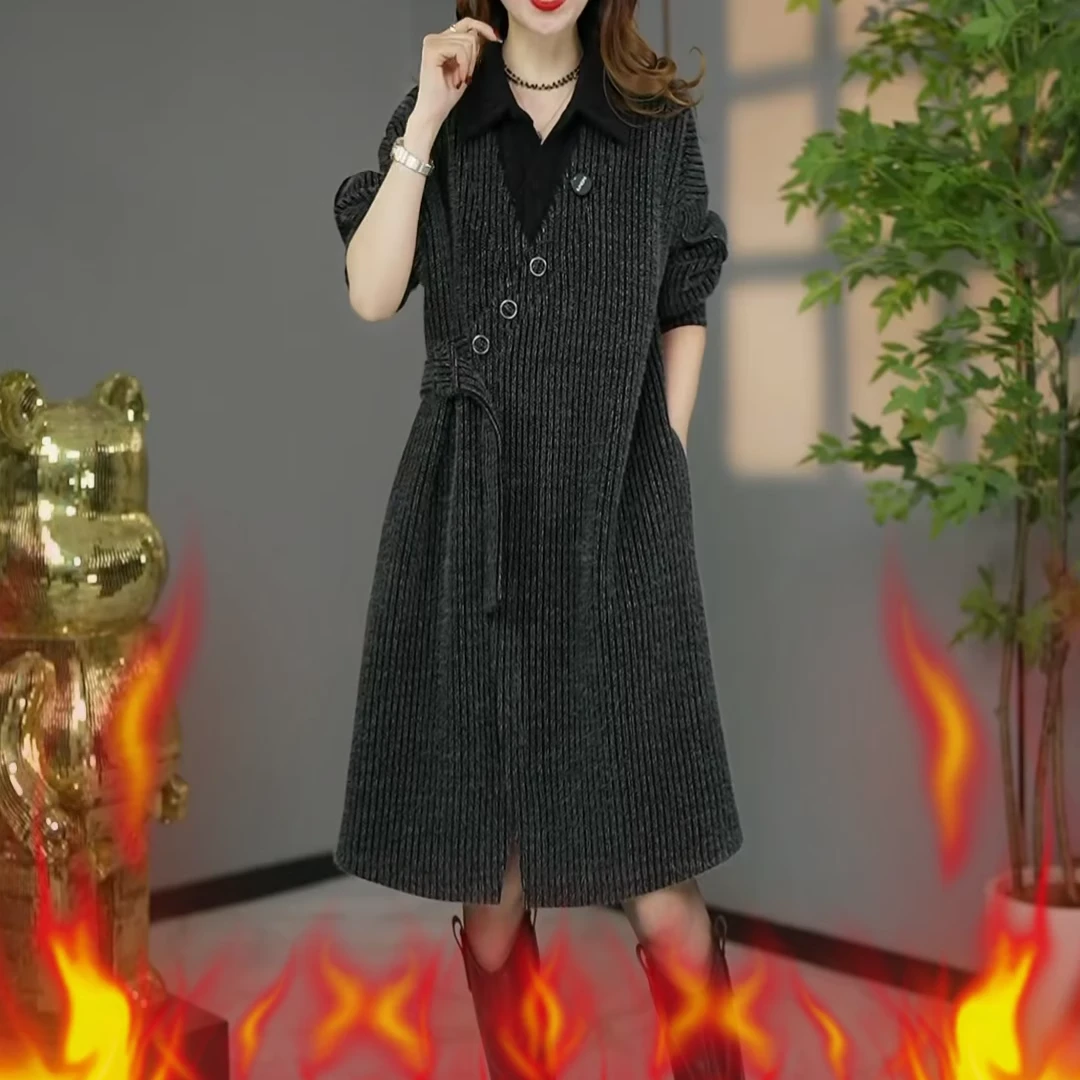 时尚宽松加厚连衣裙女装2024冬新款妈妈洋气收腰百搭假两件裙子