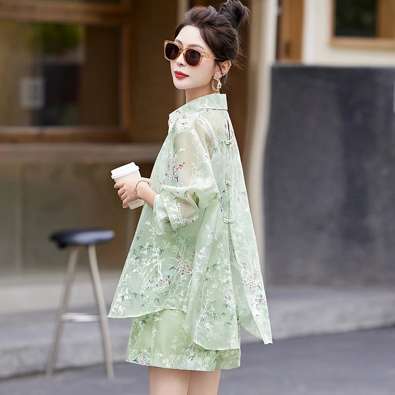 新中式女装2025新款防晒衣女夏轻国风盘扣时尚套装上衣短裤两件套