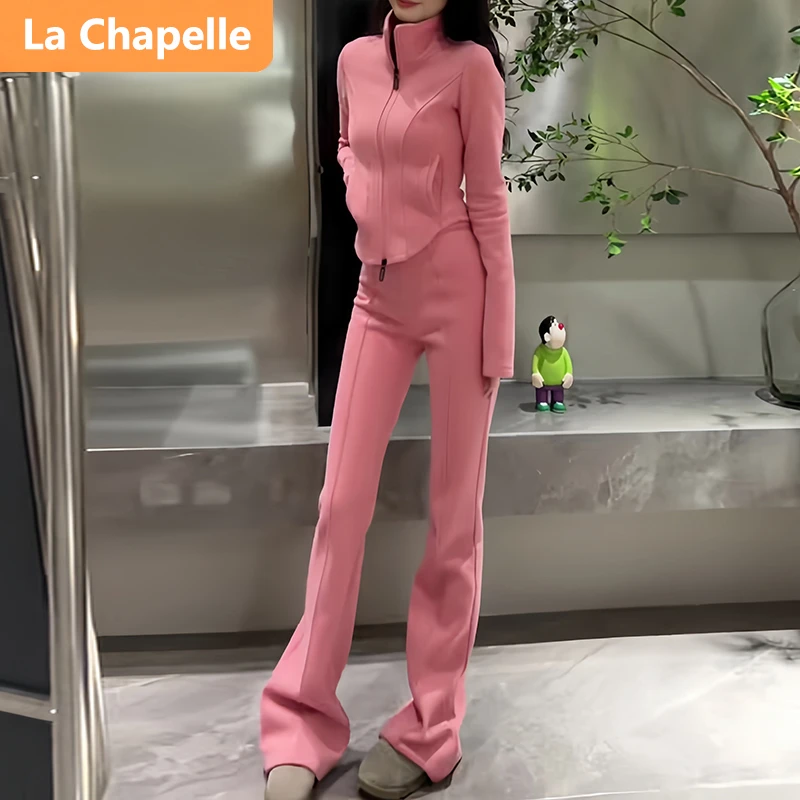 拉夏贝尔潮辣休闲运动套装女秋季2024新款气质显瘦修身卫衣微喇裤