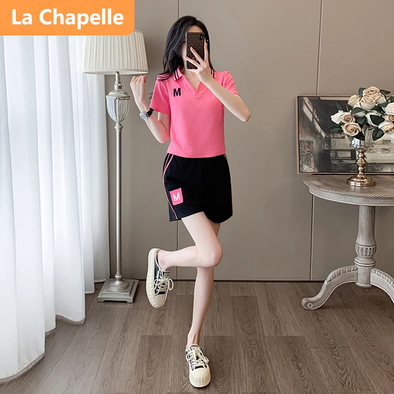 拉夏贝尔运动休闲时尚套装女夏简约大气减龄polo领短袖短裤两件套