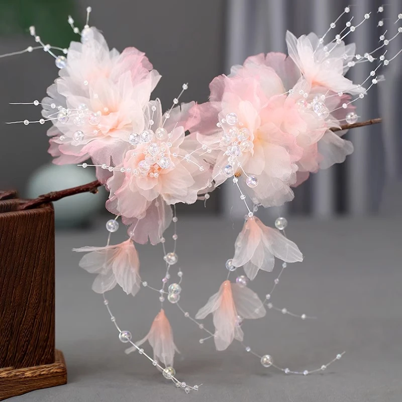 汉服头饰少女流苏对夹绢花发夹古装仙气发型配饰古风发饰超仙对夹