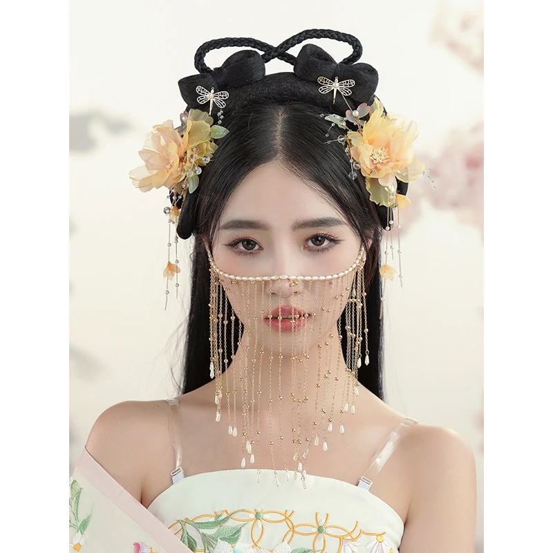 古风汉服头饰女面帘遮脸流苏发饰全套仙气面纱绢花发夹古装配饰品