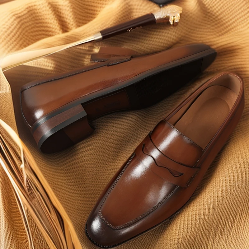 芭庭手工头层软底百搭皮鞋时尚豆豆鞋男士休闲棕色真皮乐福鞋套脚