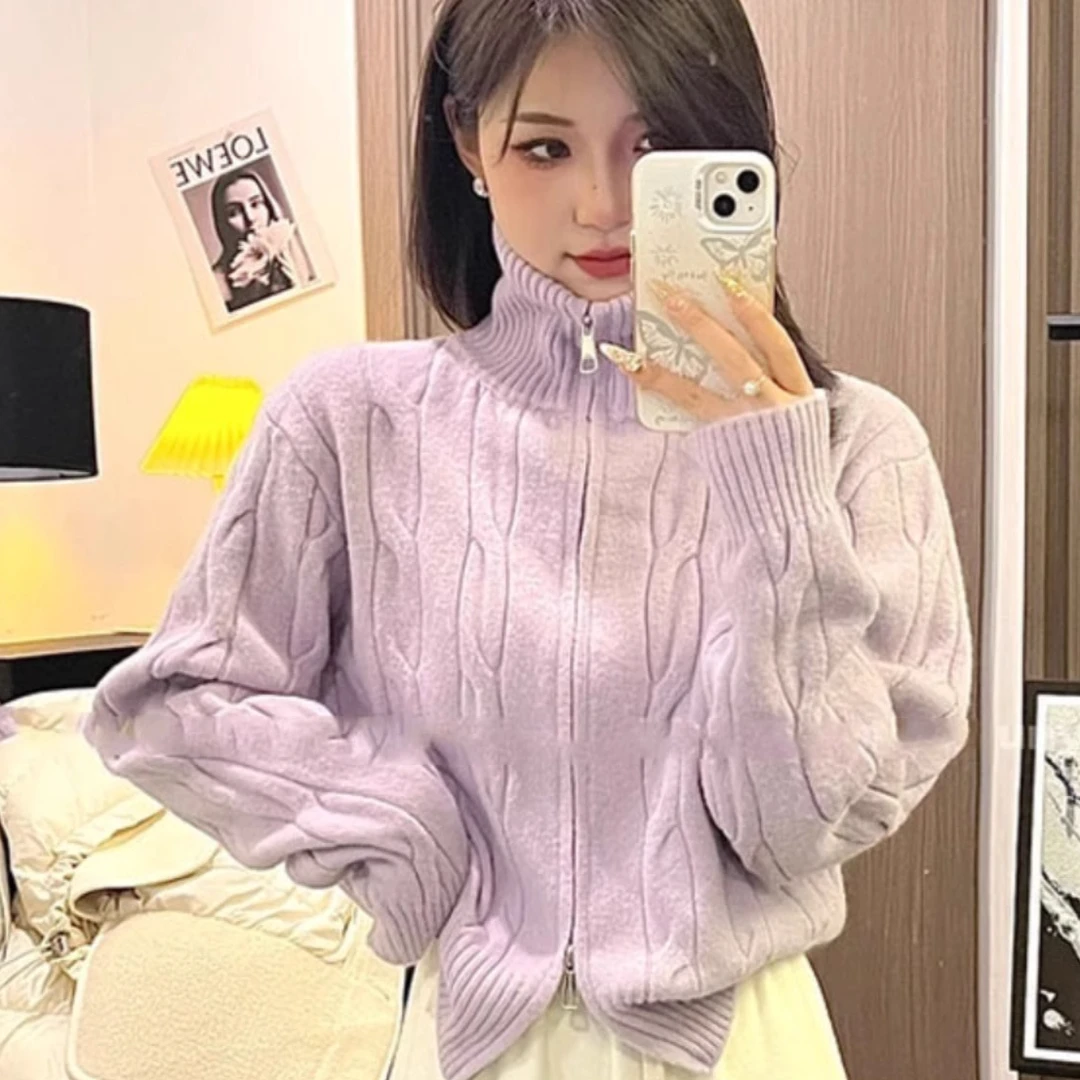 纯欲气质拉链高领长袖麻花纹开衫毛衣女秋冬新款修身显瘦针织上衣