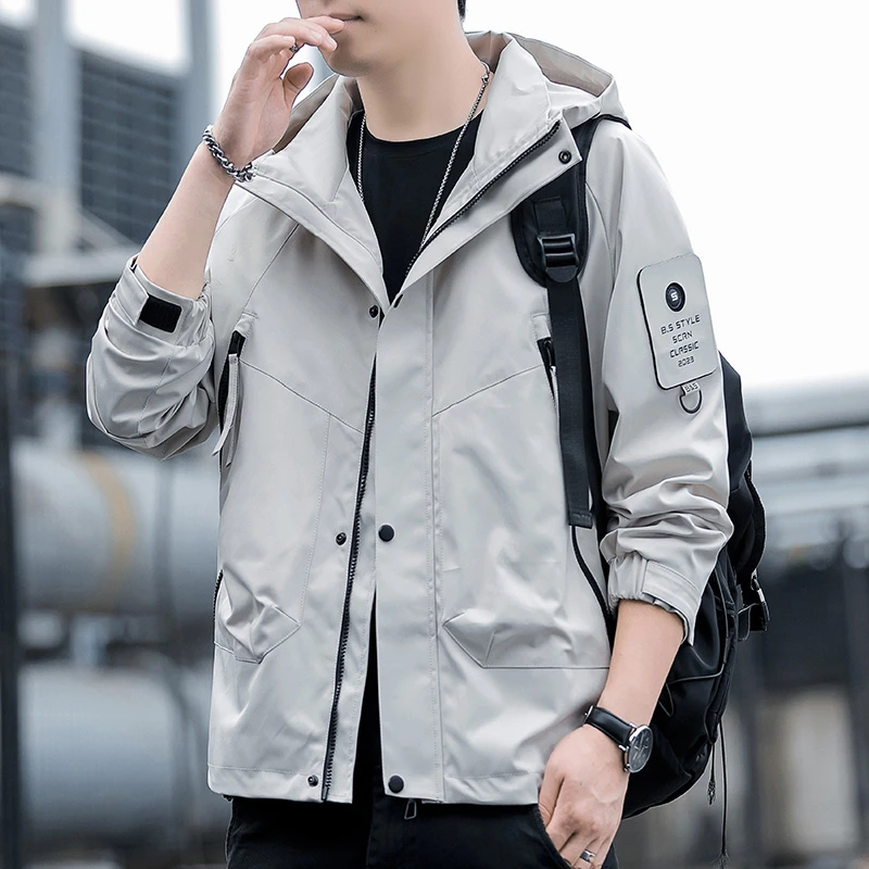 玛斯柏休闲夹克外套男士春秋季连帽冲锋潮流宽松工装潮牌男生衣服