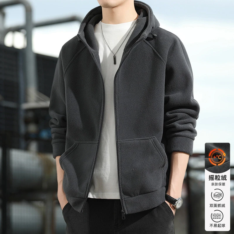 玛斯柏秋冬季摇粒绒外套男士2024新款加绒加厚上衣服潮流连帽夹克