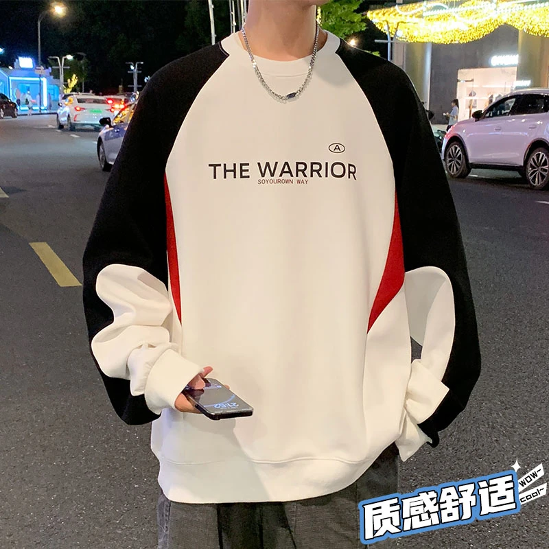 玛斯柏长袖t恤男士春秋季2024新款潮牌宽松圆领百搭拼接打底衫男