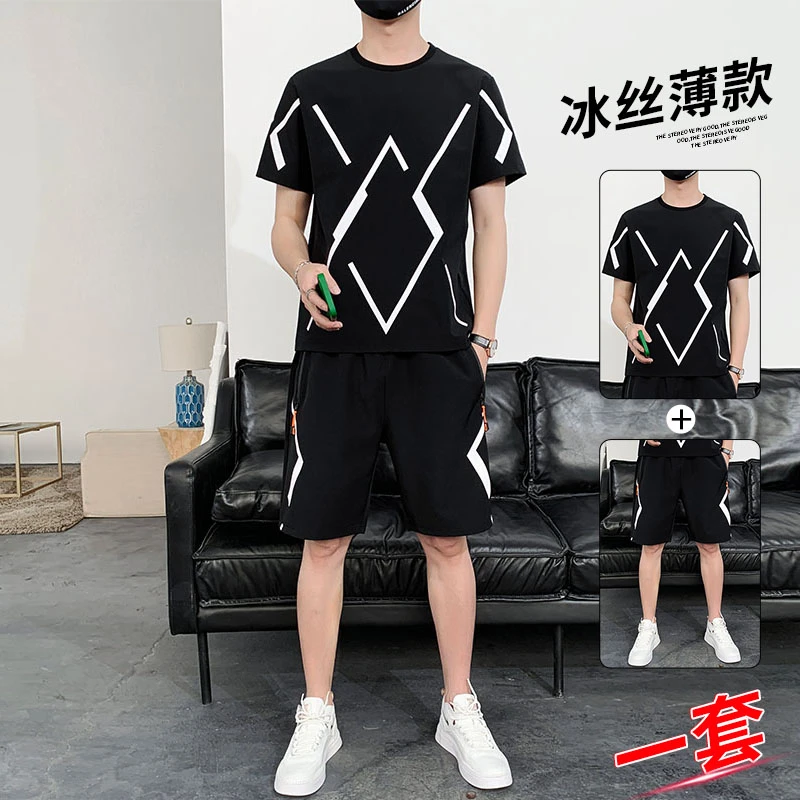男士运动服套装夏季薄款冰丝短袖T短裤休闲搭配帅气夏装大码男装