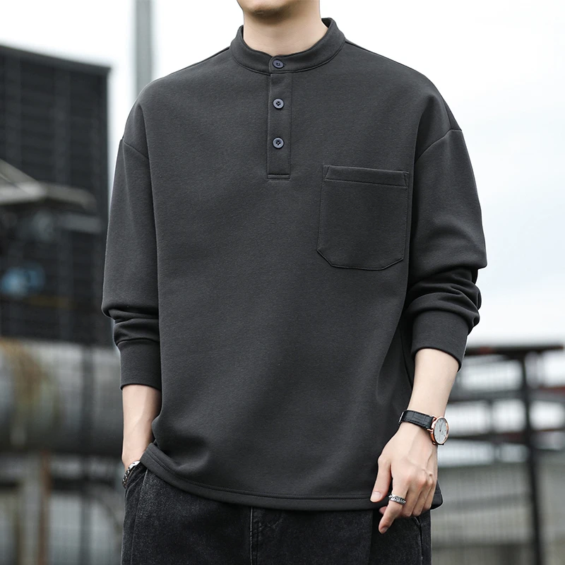 玛斯柏卫衣男士秋冬季新款潮牌宽松纽扣长袖T恤纯色百搭打底衫男