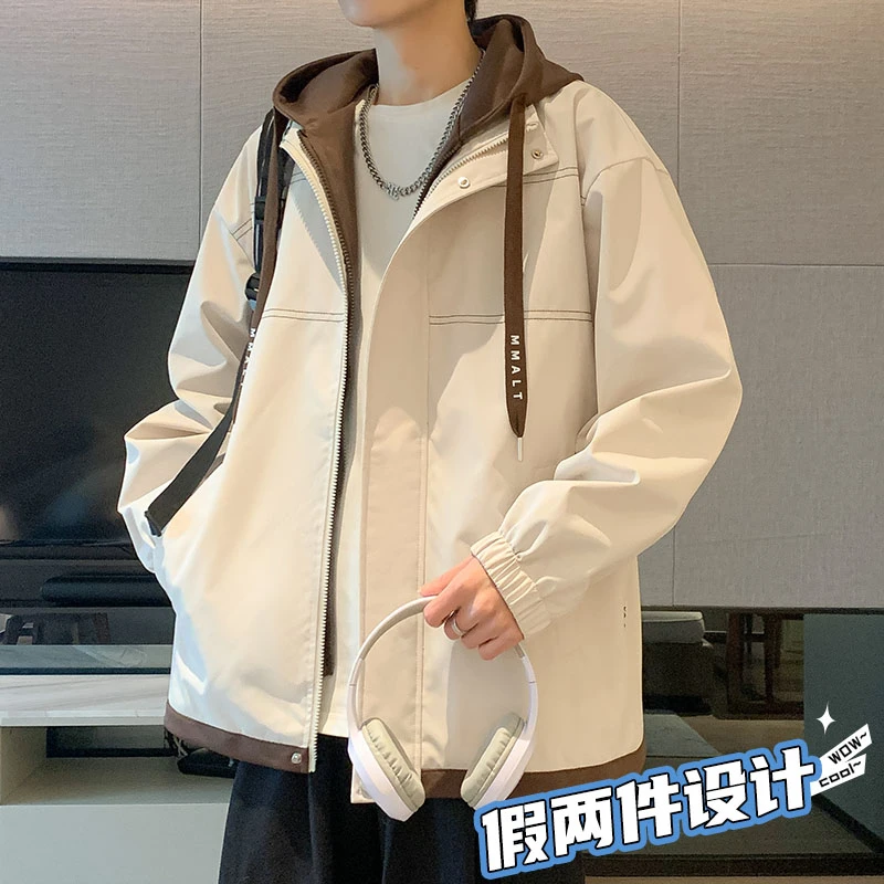 玛斯柏假两件外套男士春秋季新款潮牌宽松连帽休闲百搭夹克上衣服