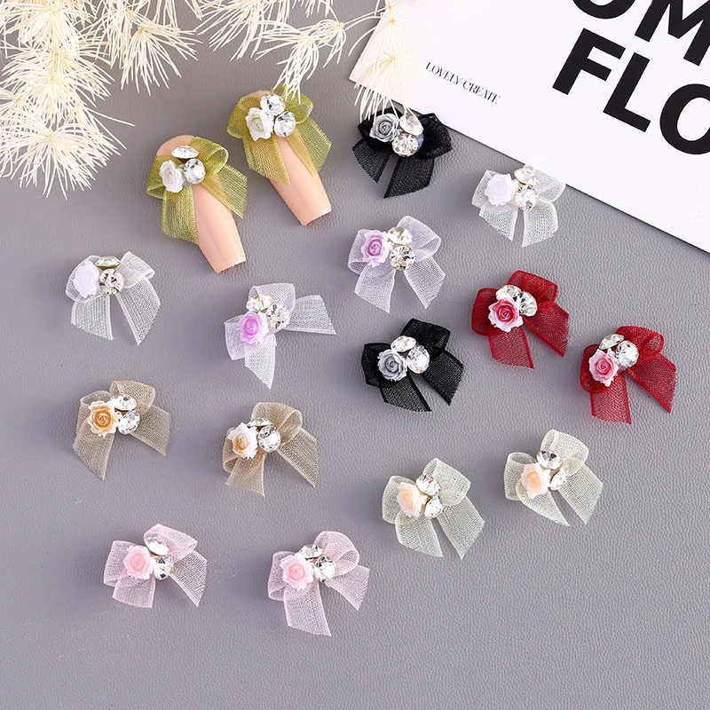 在逃公主美甲饰品欧根纱蝴蝶结钻山网纱堆钻合金指甲装饰品饰手工