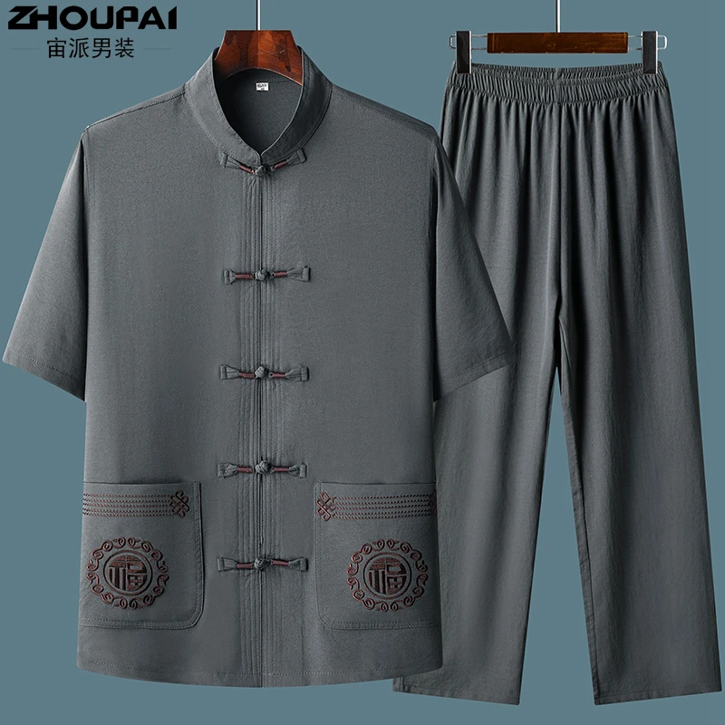 夏季唐装男中老年爸爸装夏装短袖套装中国风两件套爷爷老年人衣服