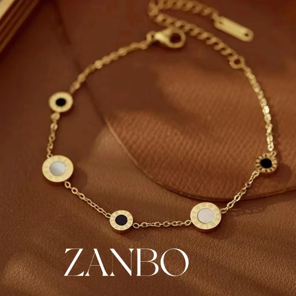 ZANBO/赞铂 钛钢手链 欧美小众轻奢时尚百搭黑白盘罗金色马手链
