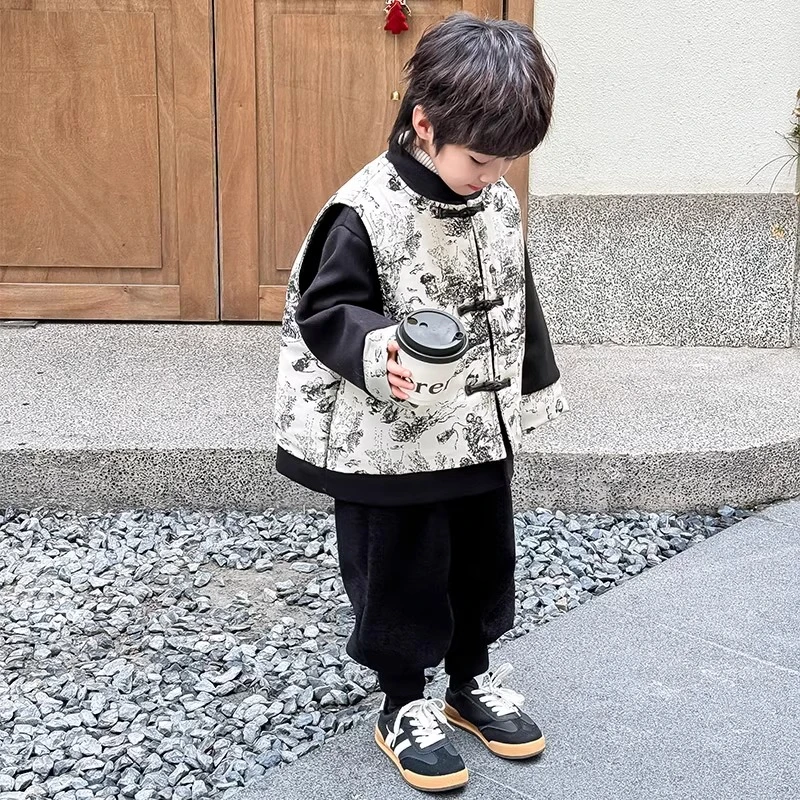 秋千坠2024拜年服男童冬装外套男孩中式唐装套装龙年过年衣服儿童