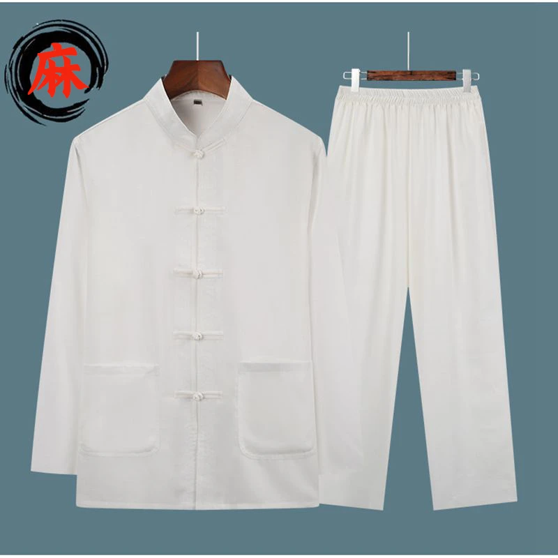 中老年唐装男爸爸装春秋季宽松爷爷装中国风棉麻长袖套装老人衬衫