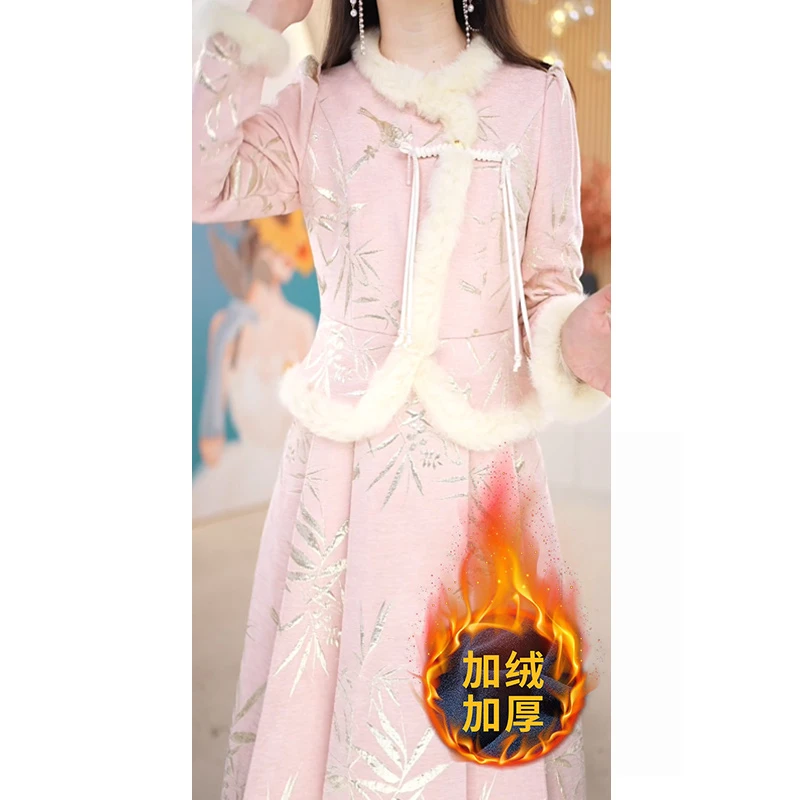 【连衣裙】加绒加厚高定款甜美气质假两件长袖过膝连衣裙M-5XL