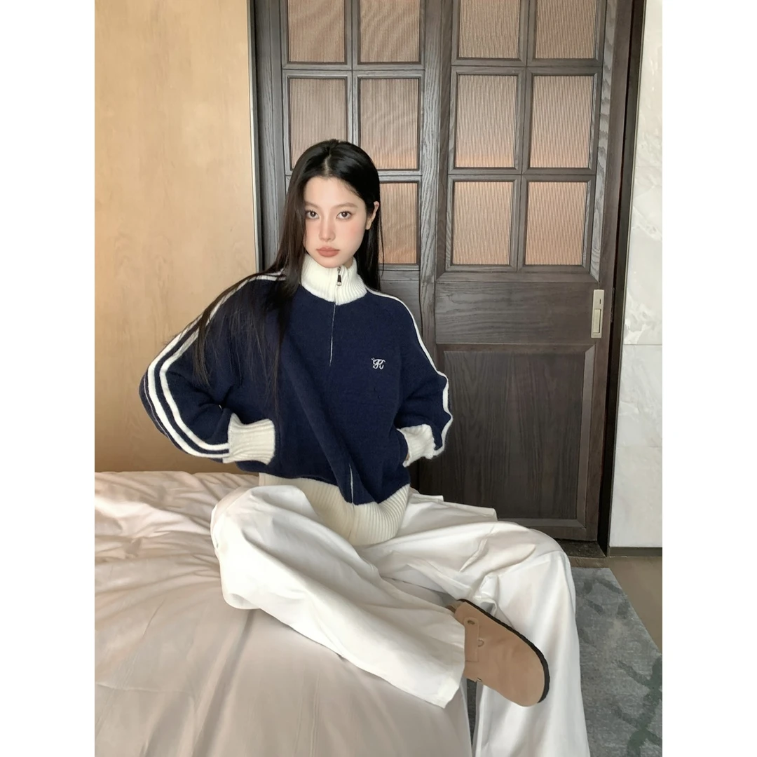 美式撞色拉链开衫毛衣秋季新款长袖立领休闲宽松棒球服慵懒风外套