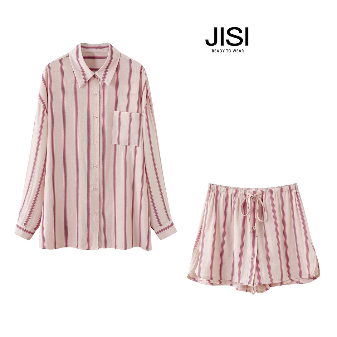JISI 度假系列慵懒风宽松条纹防晒短裤时尚套装TZ24002
