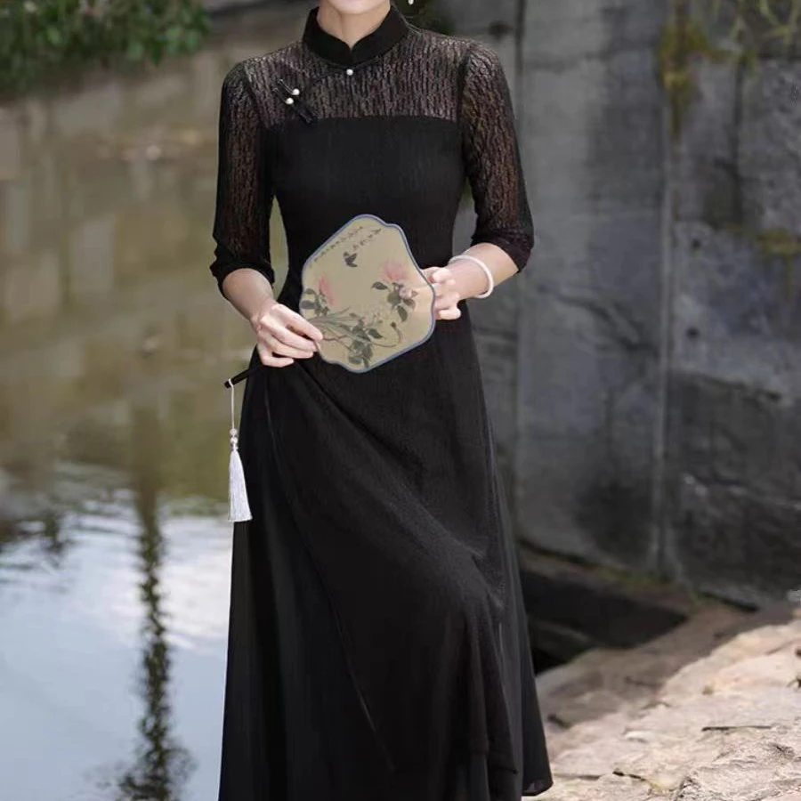 蕾丝名媛新中式连衣裙显瘦气质修身中国风时尚中长款民族风旗袍