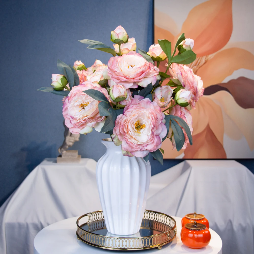 高端28层烤边牡丹花 仿真花设计师花束 搬家摆件中国风客厅摆放