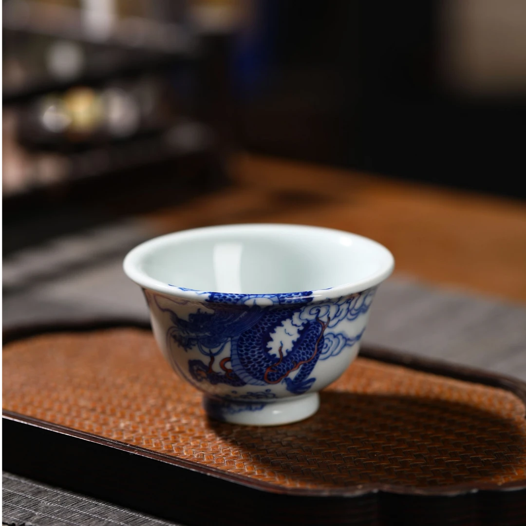 景德镇照夜白全加彩龙纹压手杯陶瓷茶具个人过墙龙纹主人杯