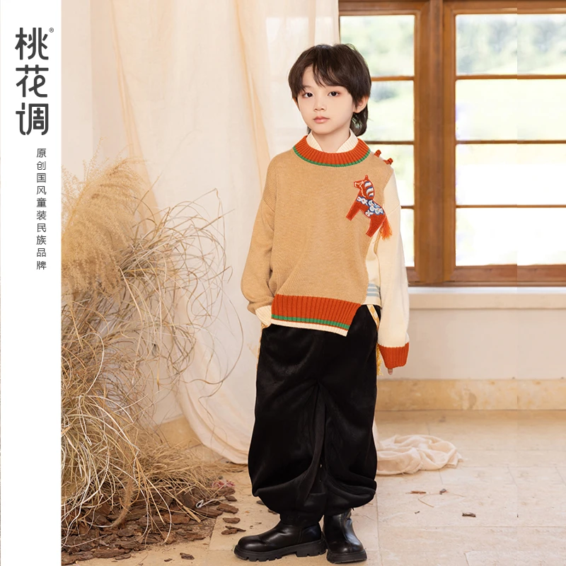 达人专享桃花调【商场同款】男童毛衣冬季新款裤子儿童保暖洋气套装